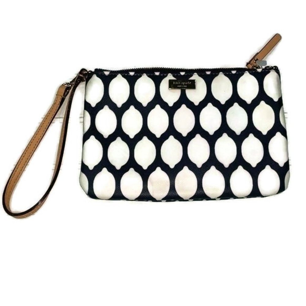Kate Spade Navy White Lemon Print Zippered Top Wristlet Purse - Picture 1 of 13